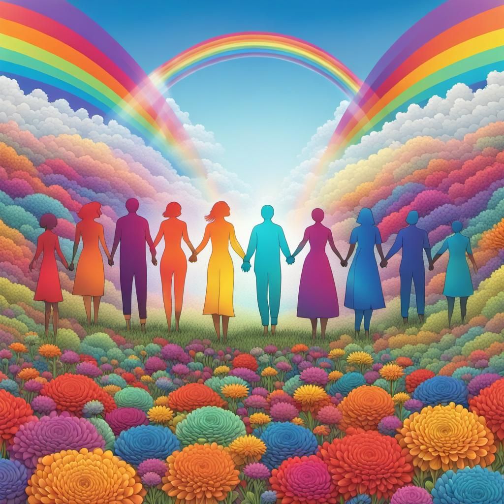 Colorful People United Under Rainbow: Abstract Vector Art