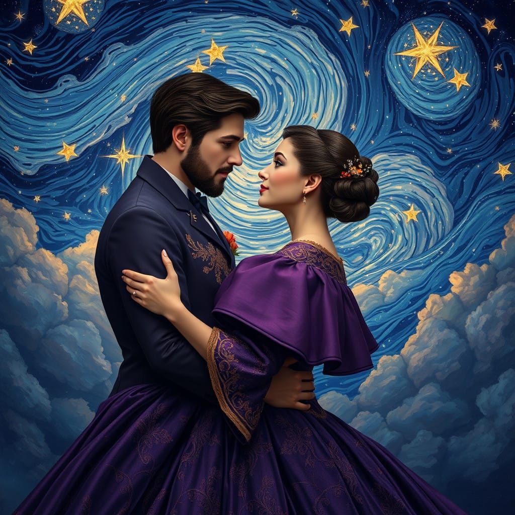 Enchanted Whimsy: Tender Couple Under Starry Night Sky