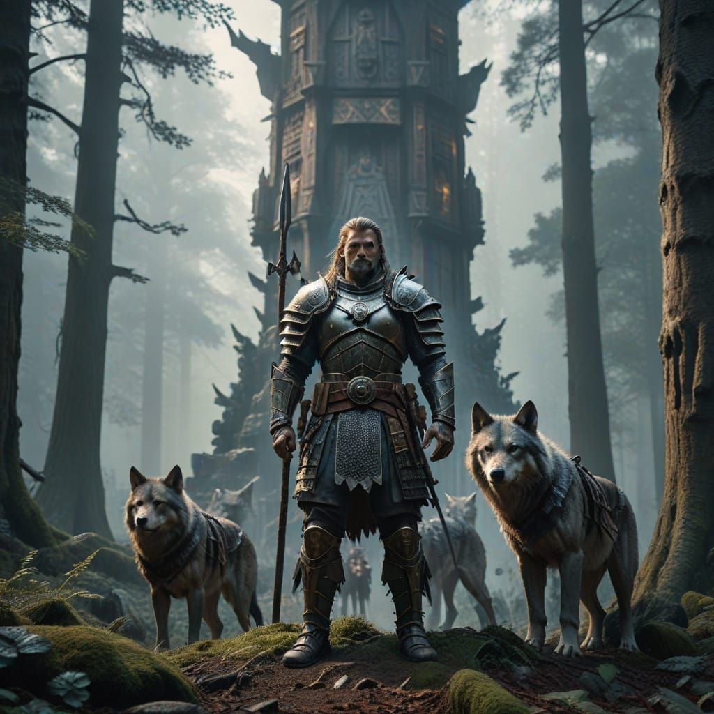 Warrior in German Armor with Wolves in Misty Forest
