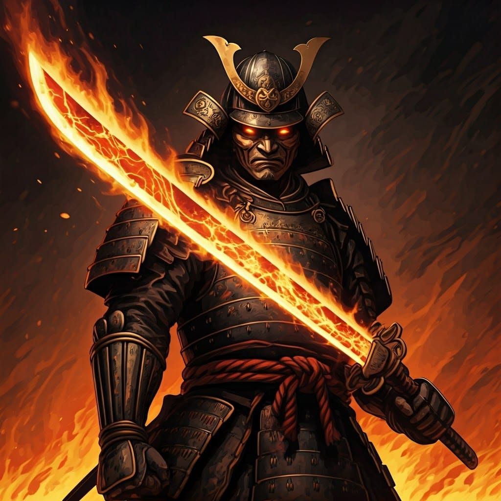 Majestic Samurai Wields Colossal Sword of Fire