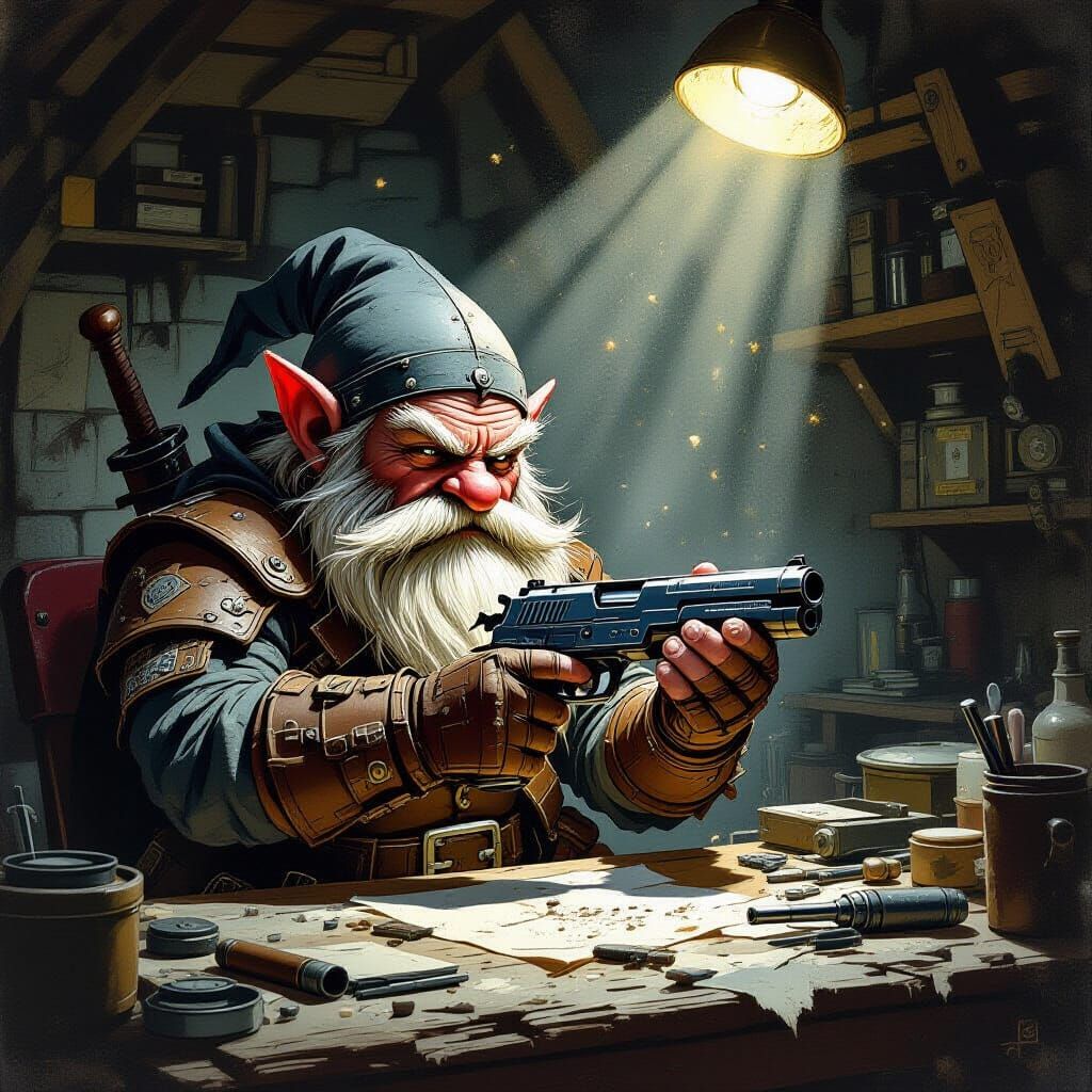 Gnome Assassin Cleaning Laser Pistol in Vintage Sci-Fi Style