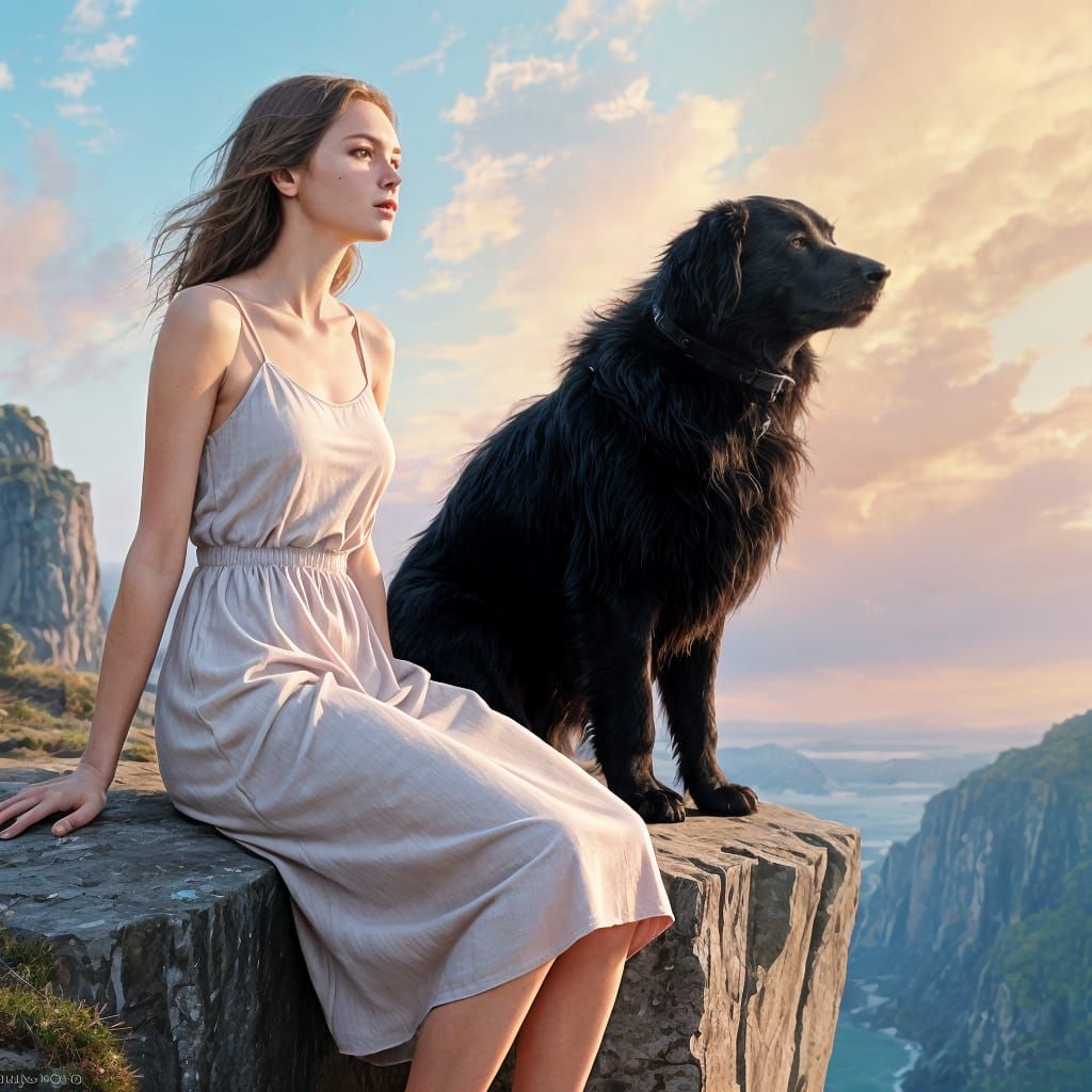 Woman and Dog on Cliff in Hyperrealistic Style