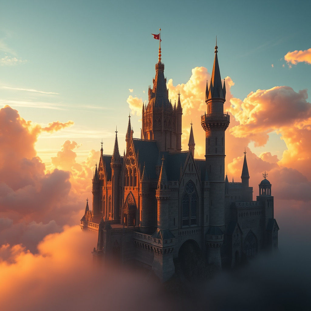 Ethereal Sky Castle at Sunrise: Digital Matte Painting