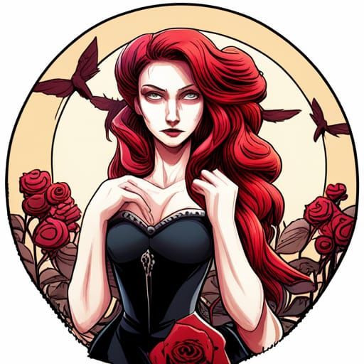 Gothic Cartoon Princess in Crimson Rose Garden