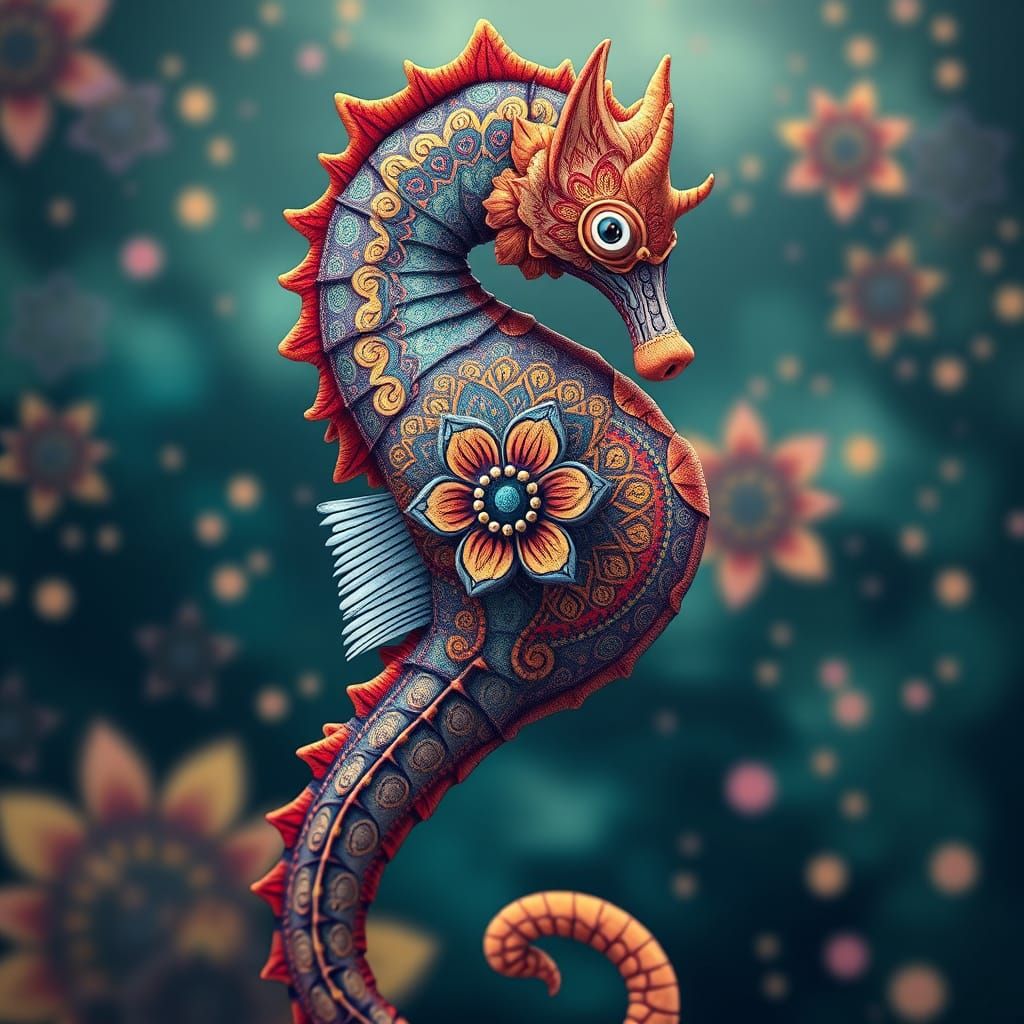 Intricately Detailed Seahorse with Vibrant Mandalas in Fanta...