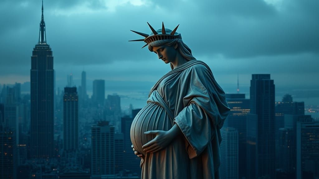 Pregnant Statue of Liberty in Cinematic Style