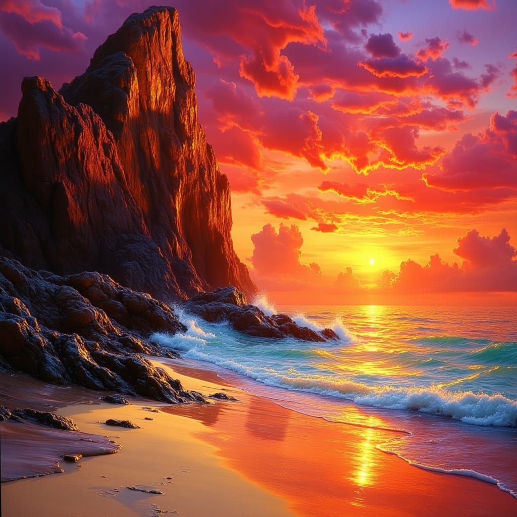 Crimson Sunrise Seascape Oil Painting