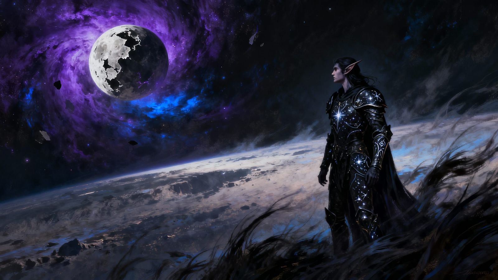 Dark Elf Warrior on Alien Planet in Painterly Style