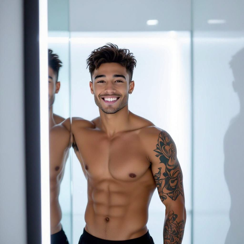 Tattooed Youth Reflects in Mirror, Cinematic Portrait