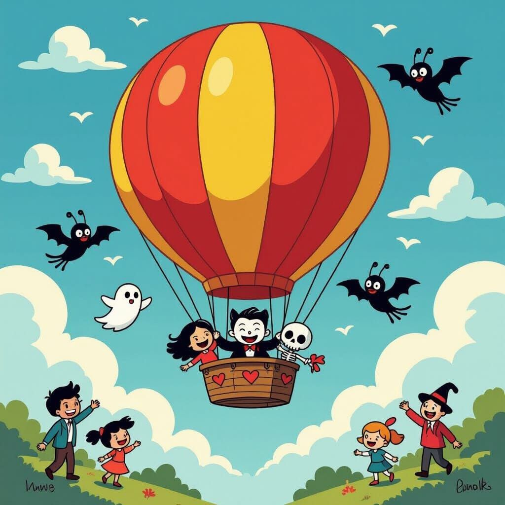 Whimsical Hot Air Balloon with Monster Passengers