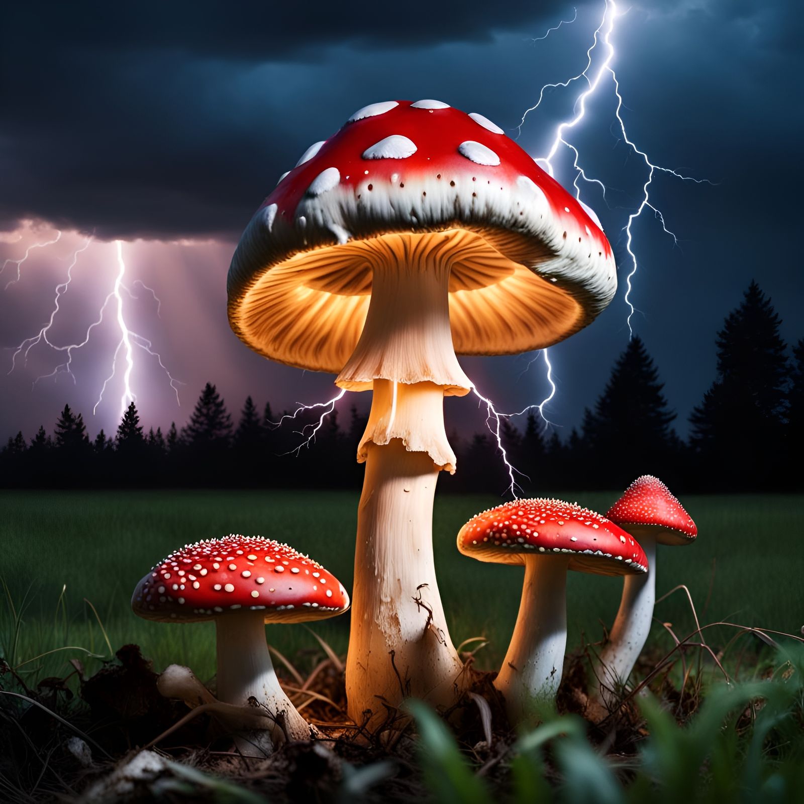 Lightning Strikes Fly Agaric Mushroom in Field