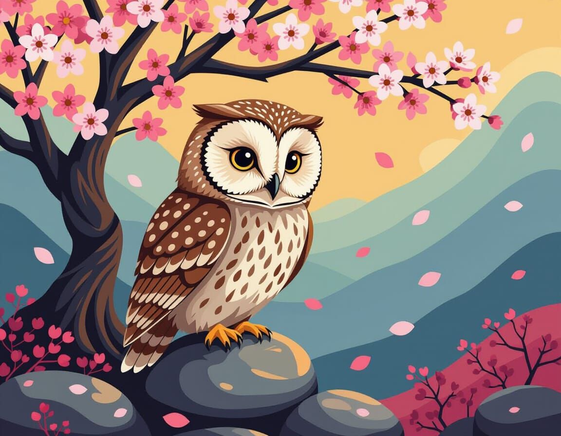 Owl on Sakura Tree in Maximalist Vector Art