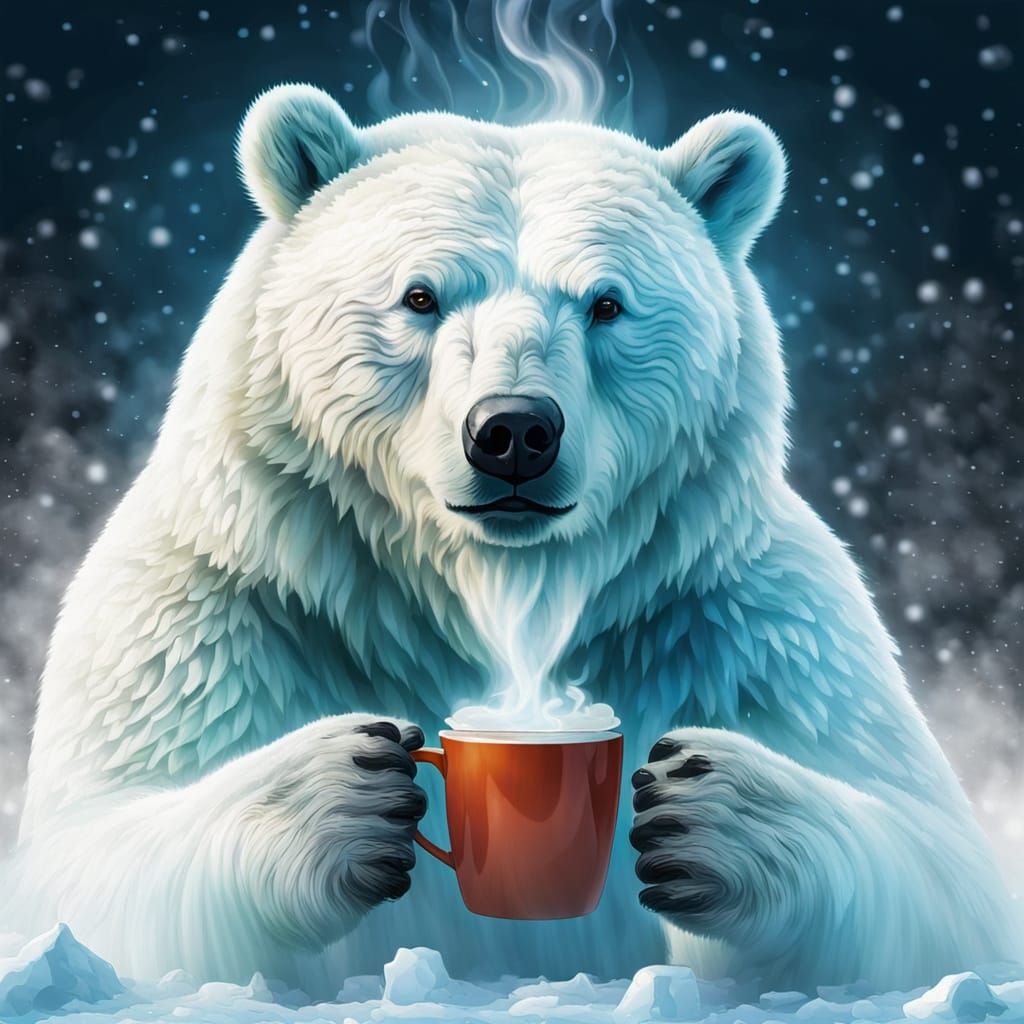 Arctic Bear Sips Coffee in Ice Cafe