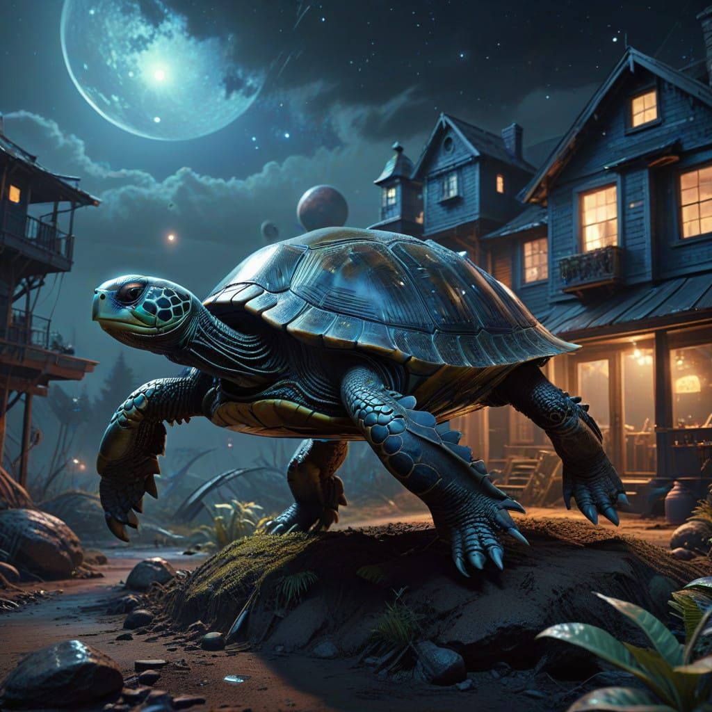 Gigantic Blue Turtle Soars Through Cosmos with Enormous Hous...