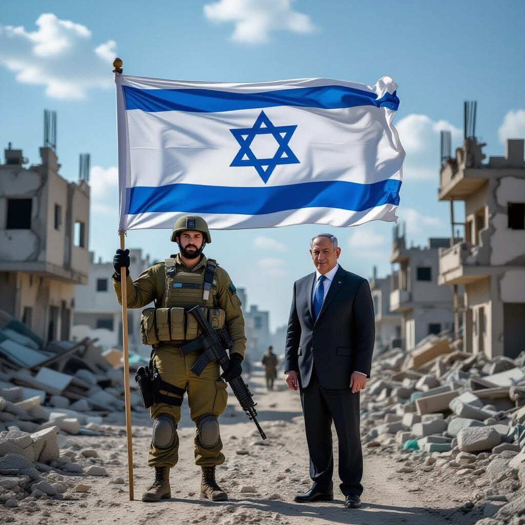Israeli Soldier and Netanyahu Amidst Gaza Ruins