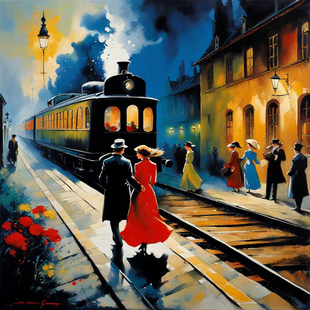 Emotional Train Station Parting in Ink Splash Art