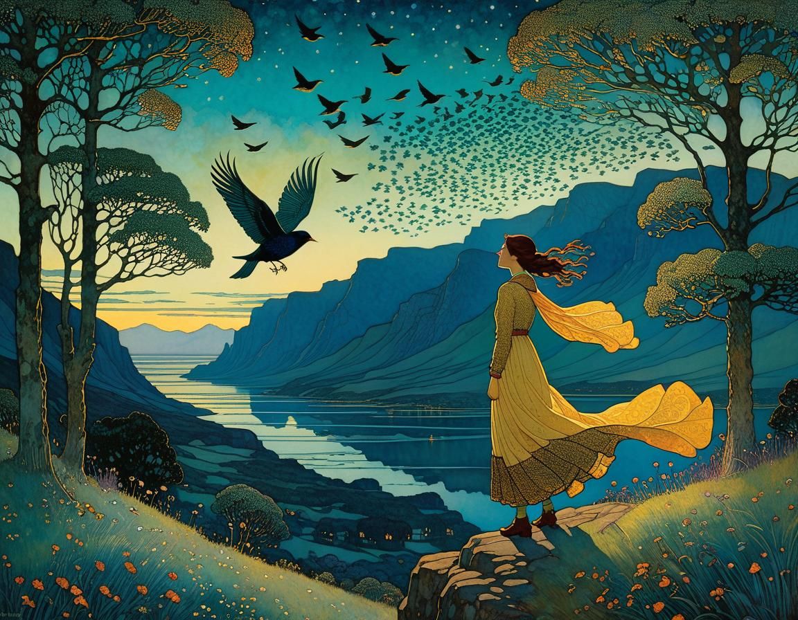 Woman Flying with Birds: Illustrative Impressionism