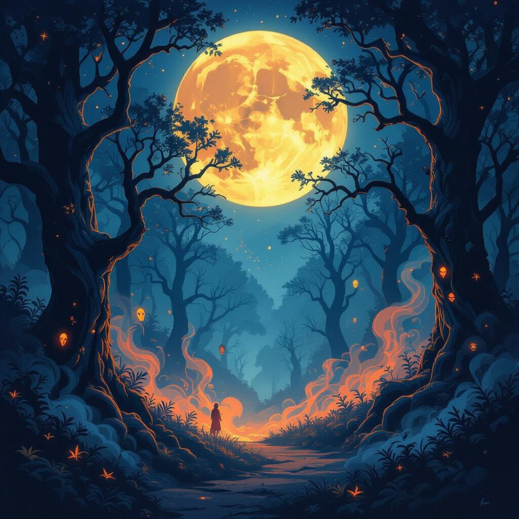 Mystical Forest Under Moon in Vibrant Ethereal Style