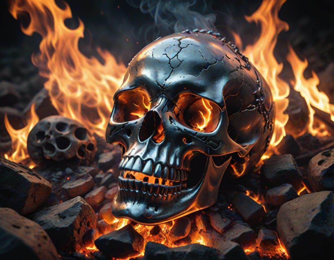 Dark Chrome Skull Amidst Fiery Embers