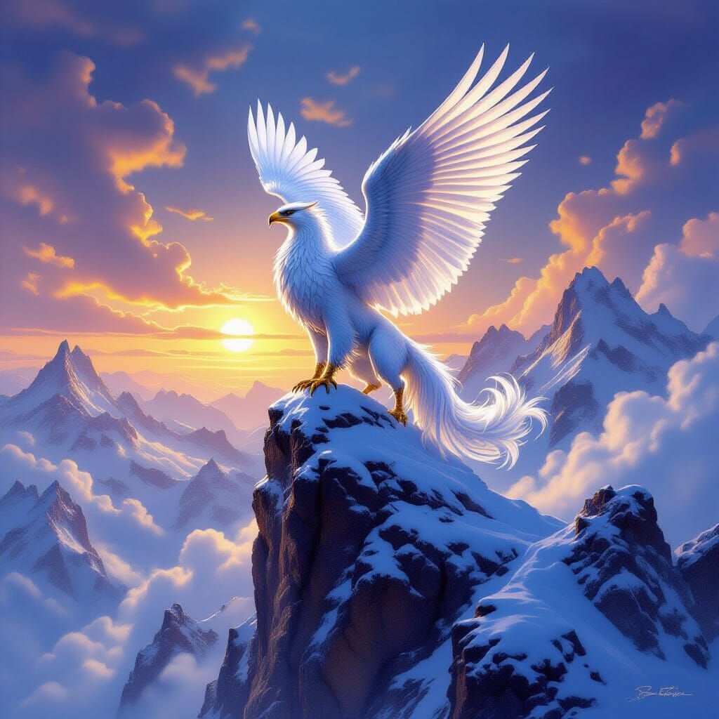 Griffin on Snow Mountain Peak in Hyperrealism