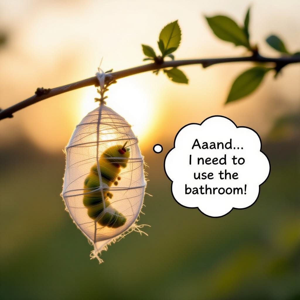 Humorous Cocoon at Dawn: Scientific Cartoon Illustration