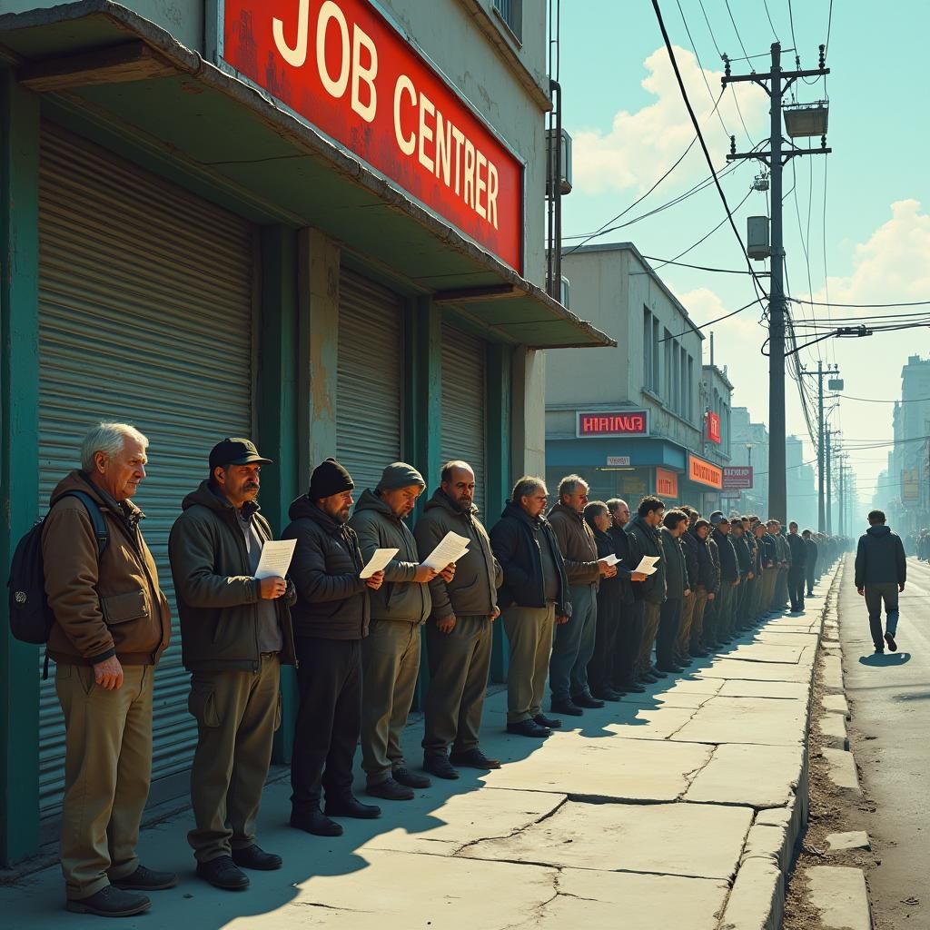 Dystopian Job Center Queue in Matte Painting Style