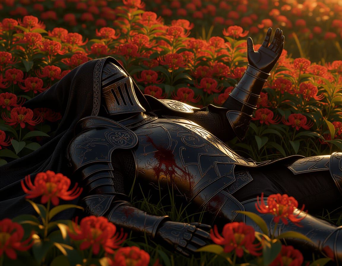 Fallen Dark Knight in Red Spider Lilies Oil Painting