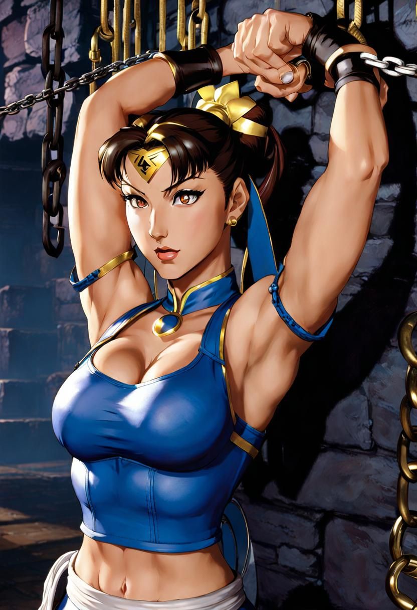 Chun-Li Street Fighter, sports bra, wrists in shackles, shackles chained to wall, in dungeon