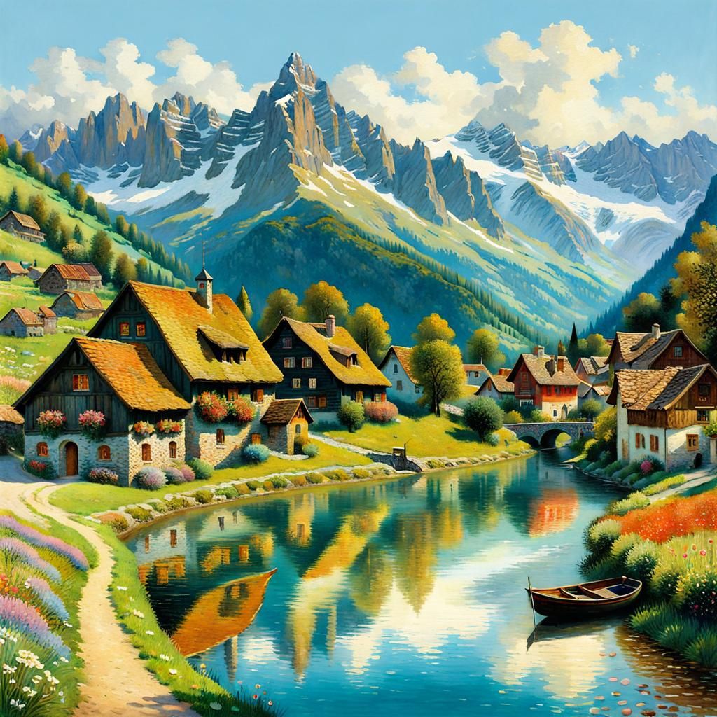 Swiss Alp Village Landscape in Watercolor Style