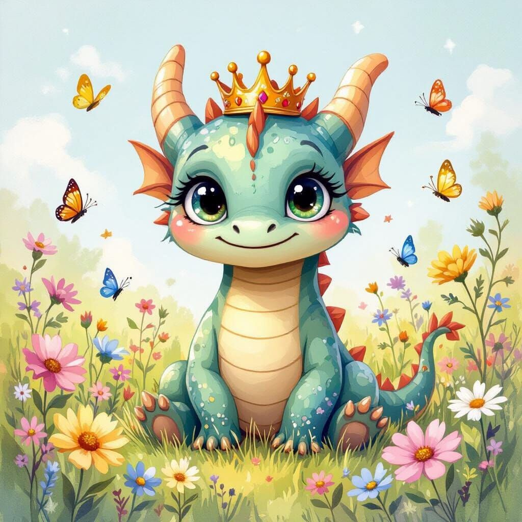 Friendly Dragon in Sunny Meadow: Whimsical Children's Illust...