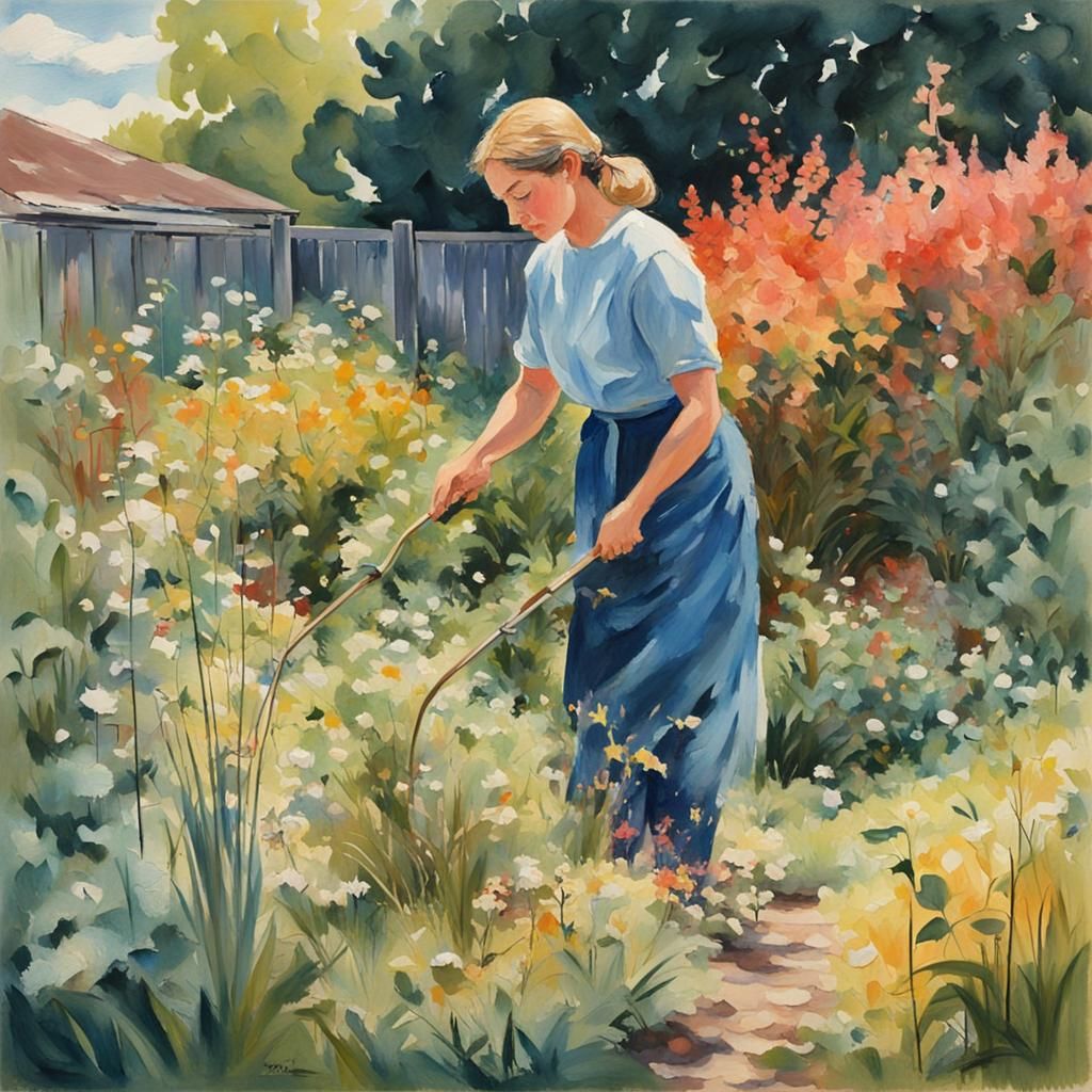 Impressionist Woman Weeding in Backyard