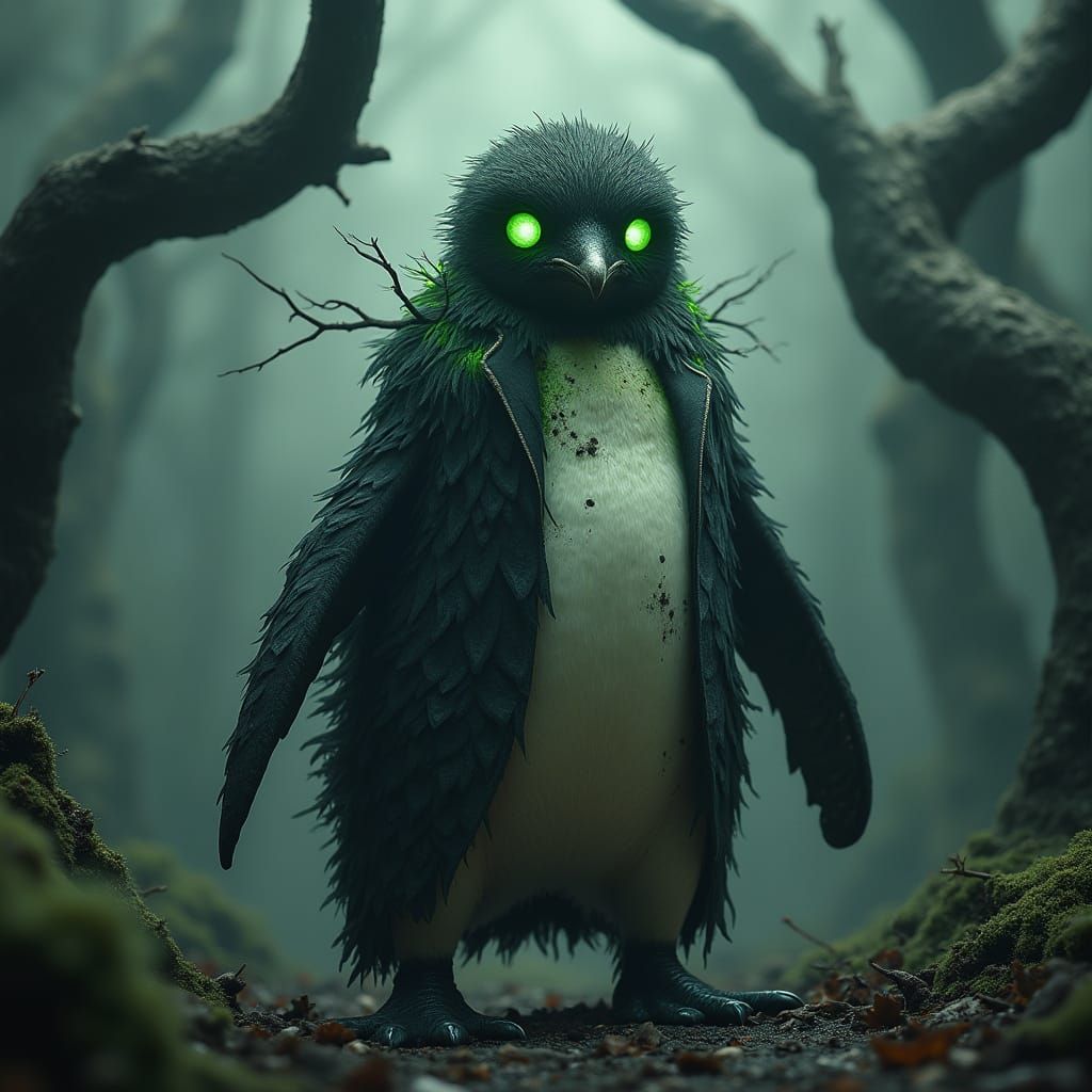 Toxic Ninja Penguin in a Gnarled, Gothic Forest