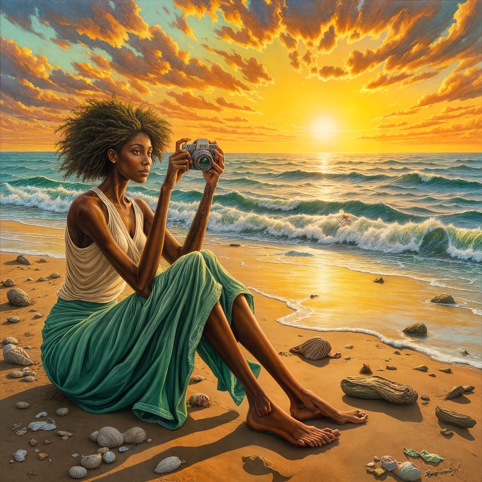 Sunset Beach Scene in Expressionist Impasto Oil Painting Sty...