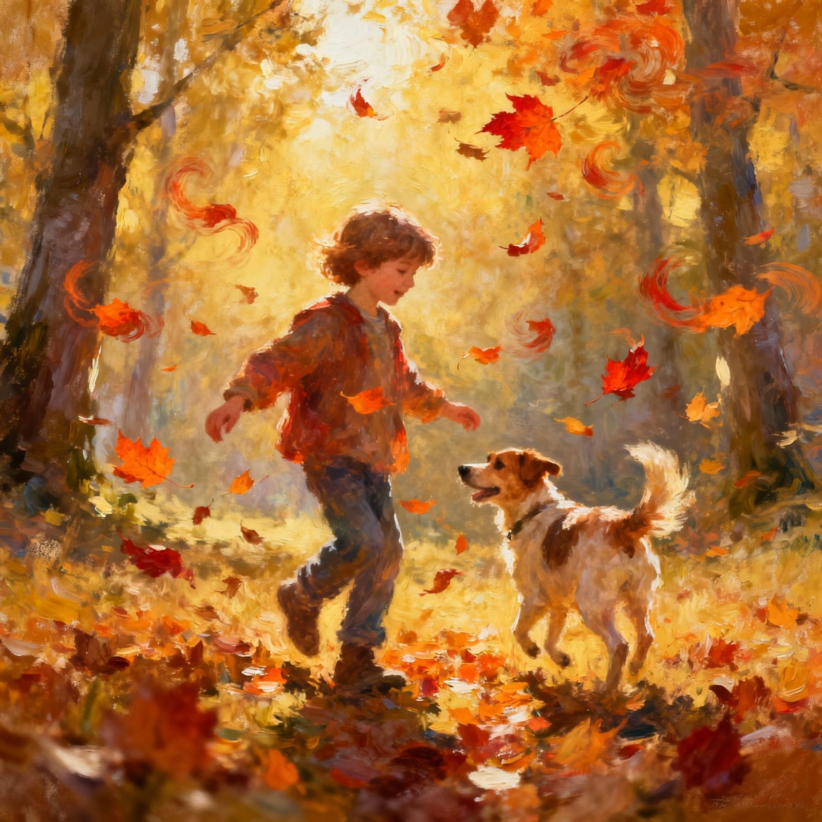 Child and Dog Enjoy Autumn Forest Walk, Impressionist Digita...