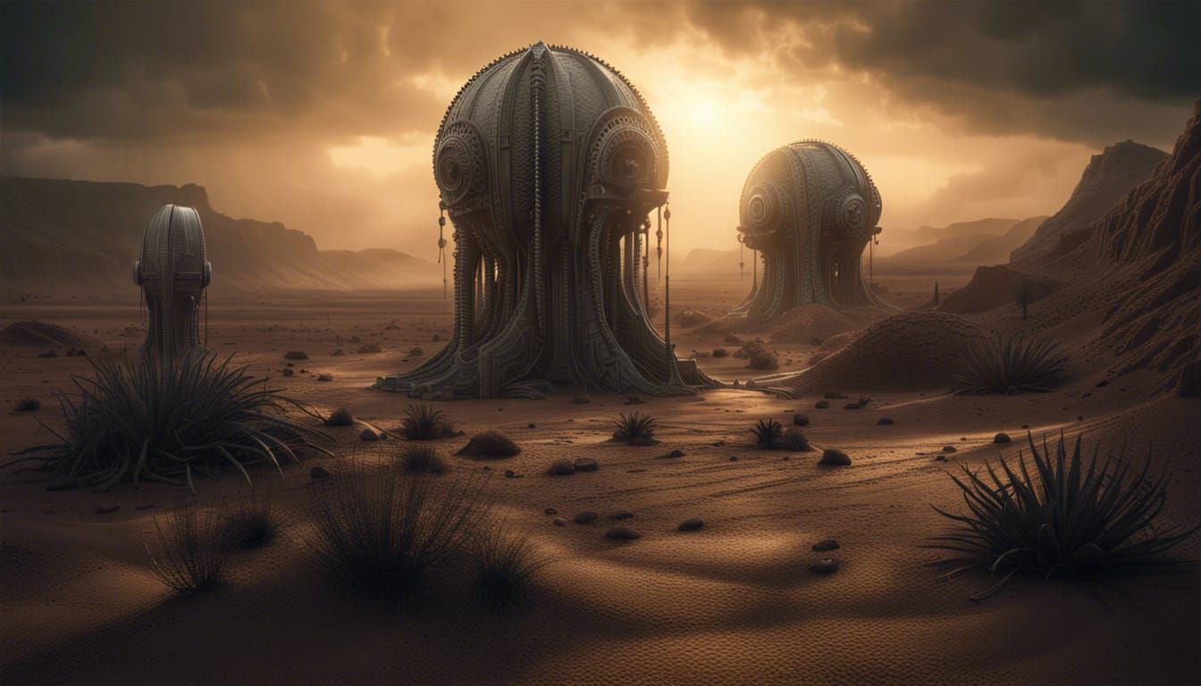 Desert Sunset with Giger-Inspired Structures