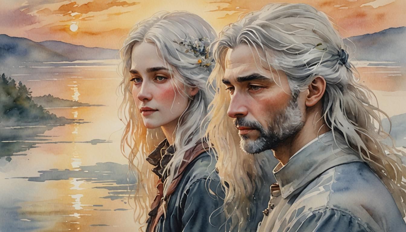 Ethereal Watercolor of Man and Girl by Misty Lake