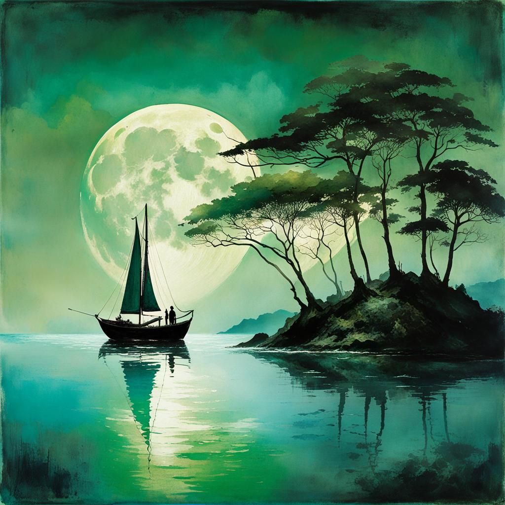 Magical Moonscape: Stylized Double Exposure Boat Scene