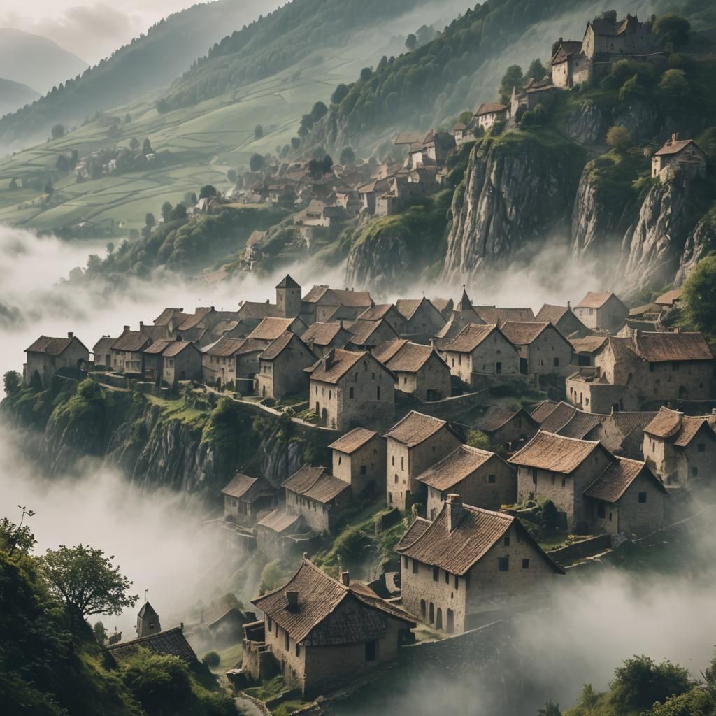 Misty Medieval Village in Mountainous Valley