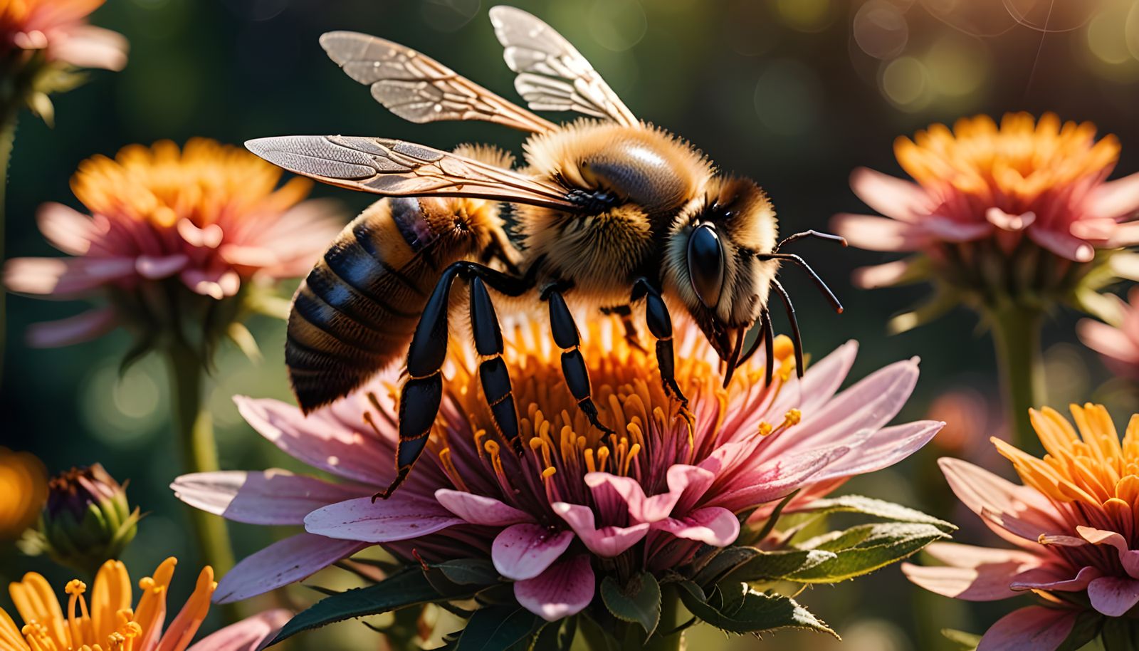 Vibrant Bee in Close-Up, Collecting Nectar from Blooming Flo...
