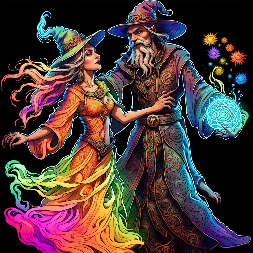 Ecstatic Wizards Dancing in Neon Bioluminescence