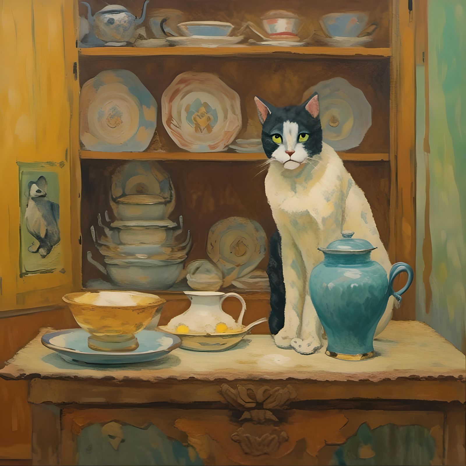 Angry Cat in China Cabinet: Dubuffet-Style Art