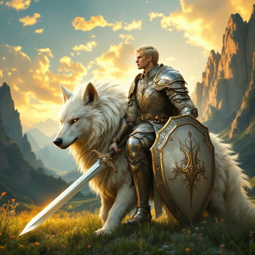 Young Hero Rides Majestic Fenris Wolf into Sunset