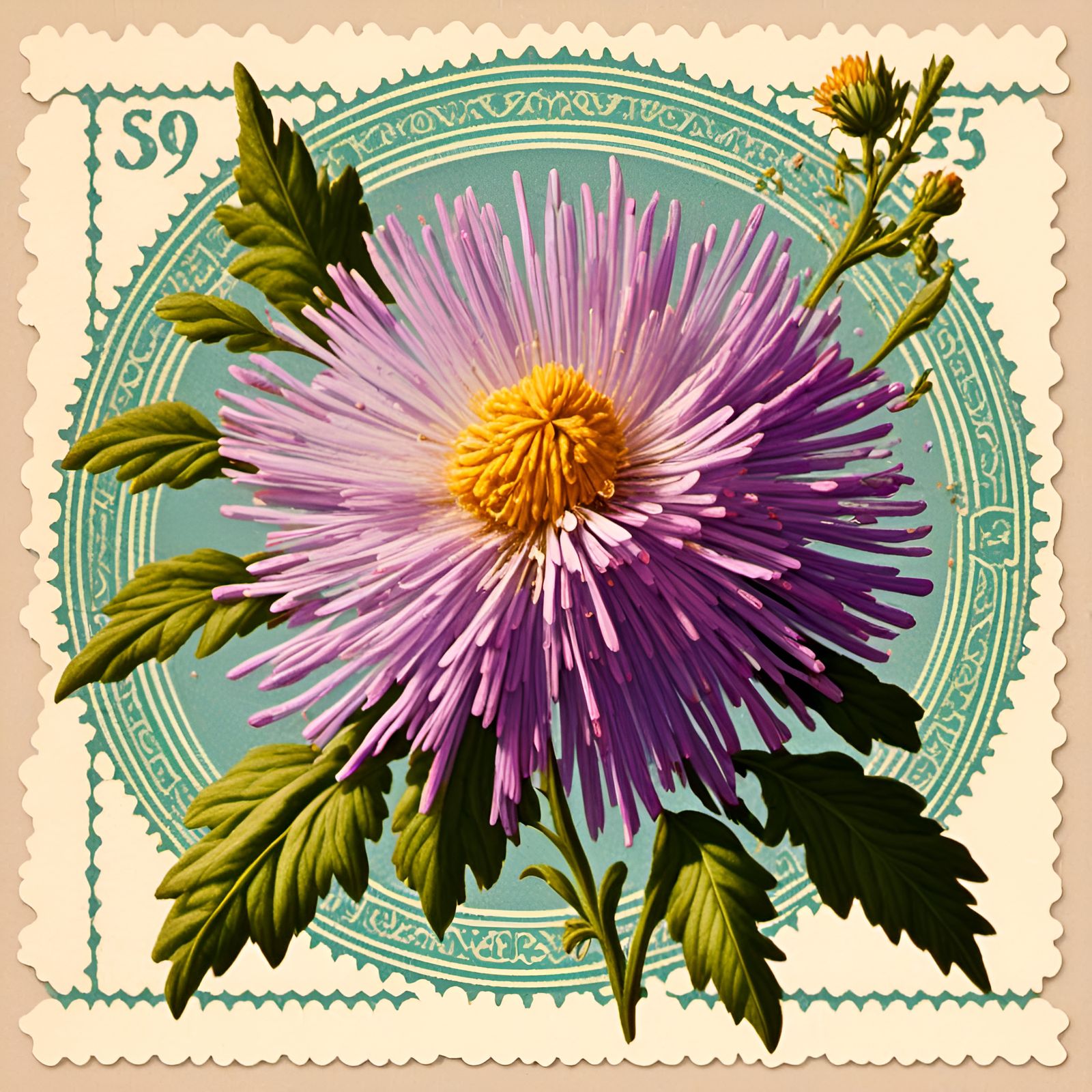 Aster Flower on Stamp in Mid-Century Style