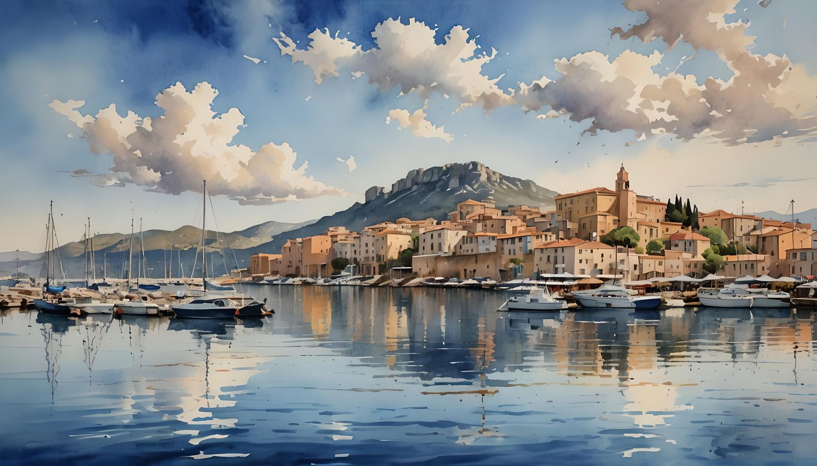 Olbia Sardinia in Detailed Watercolor on a Summer Day