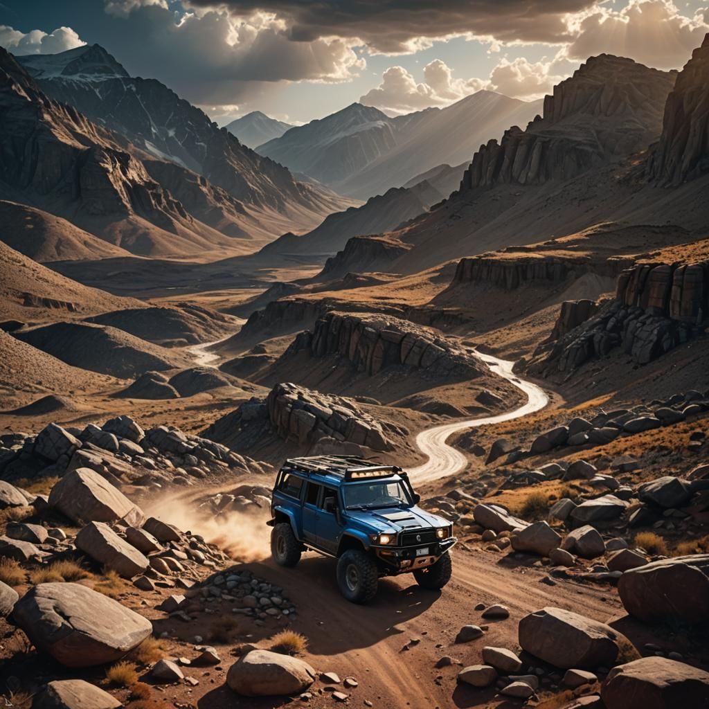 Off-Road Vehicle Navigating Rocky Mountain Terrain