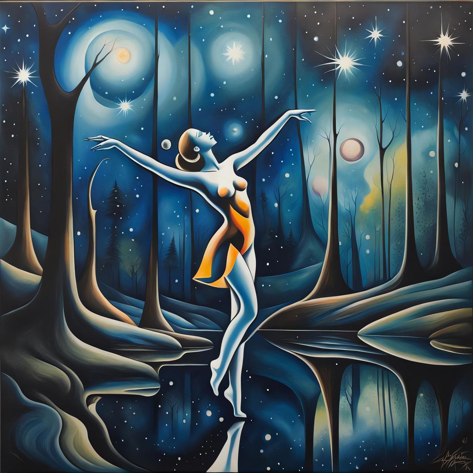 Cosmic Forest Dancer in Ink Realism Style