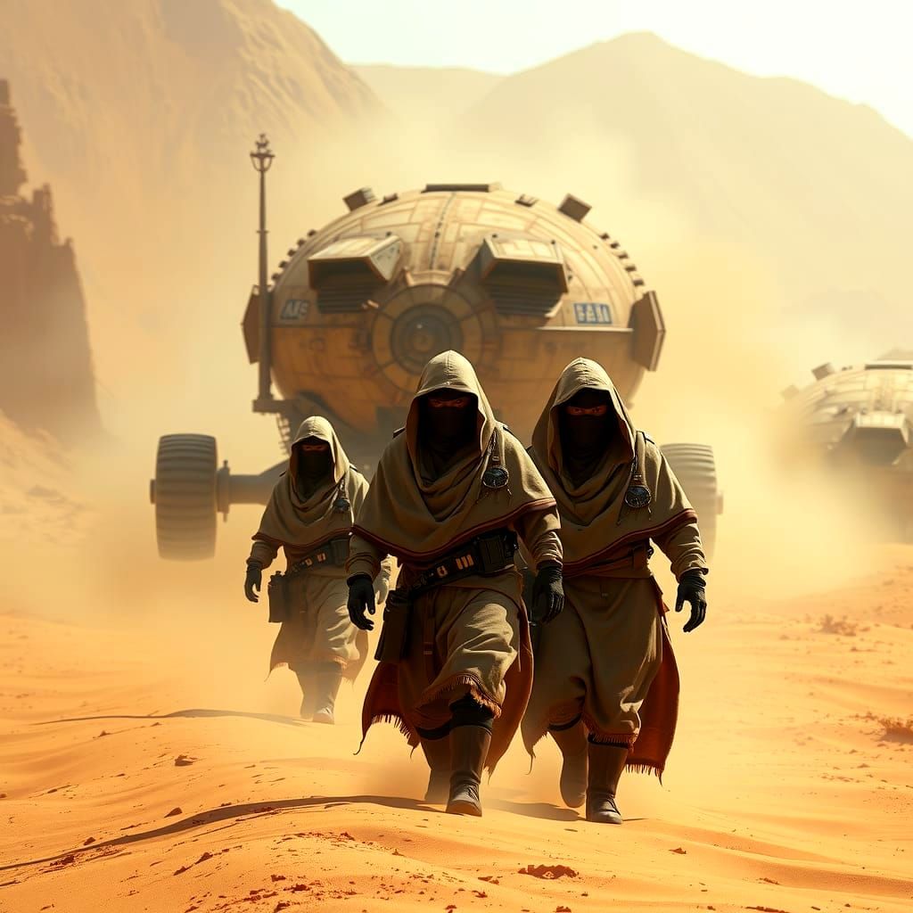Jawas and Sandcrawler in Desert Landscape