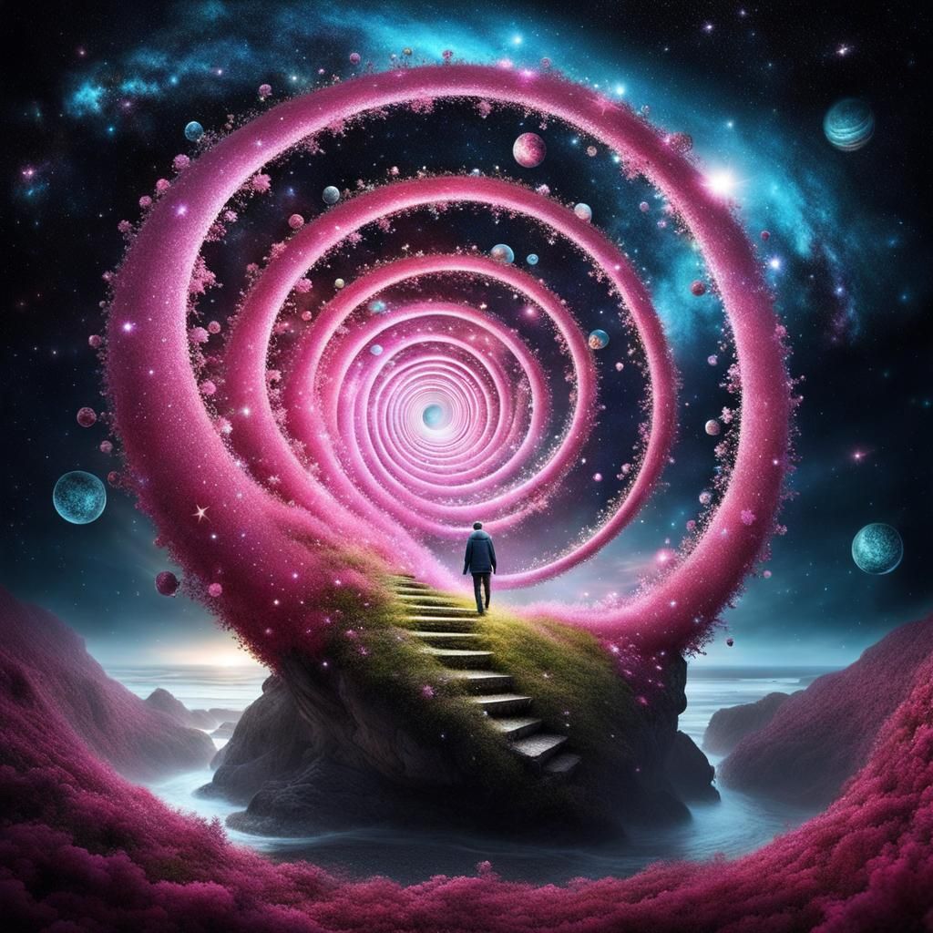 Pink Spiral Portal to a Starry Galaxy