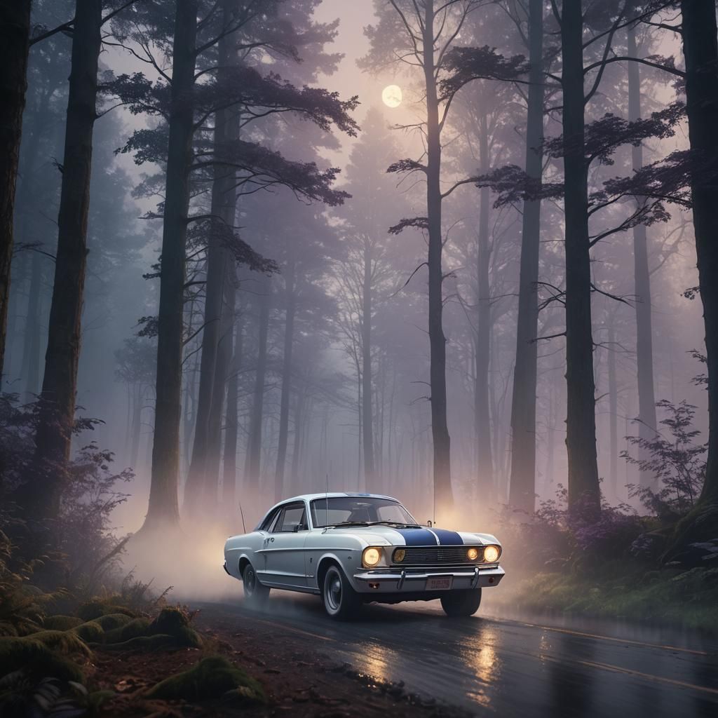 Vintage Ford Freewheeling in Misty Moonlight Forest
