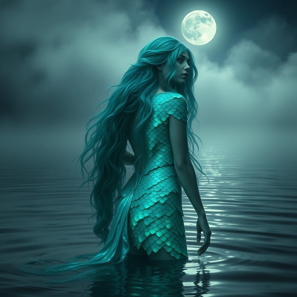 Water Nymph Emerges from Dark Enchanted Lake in Vibrant Turq...